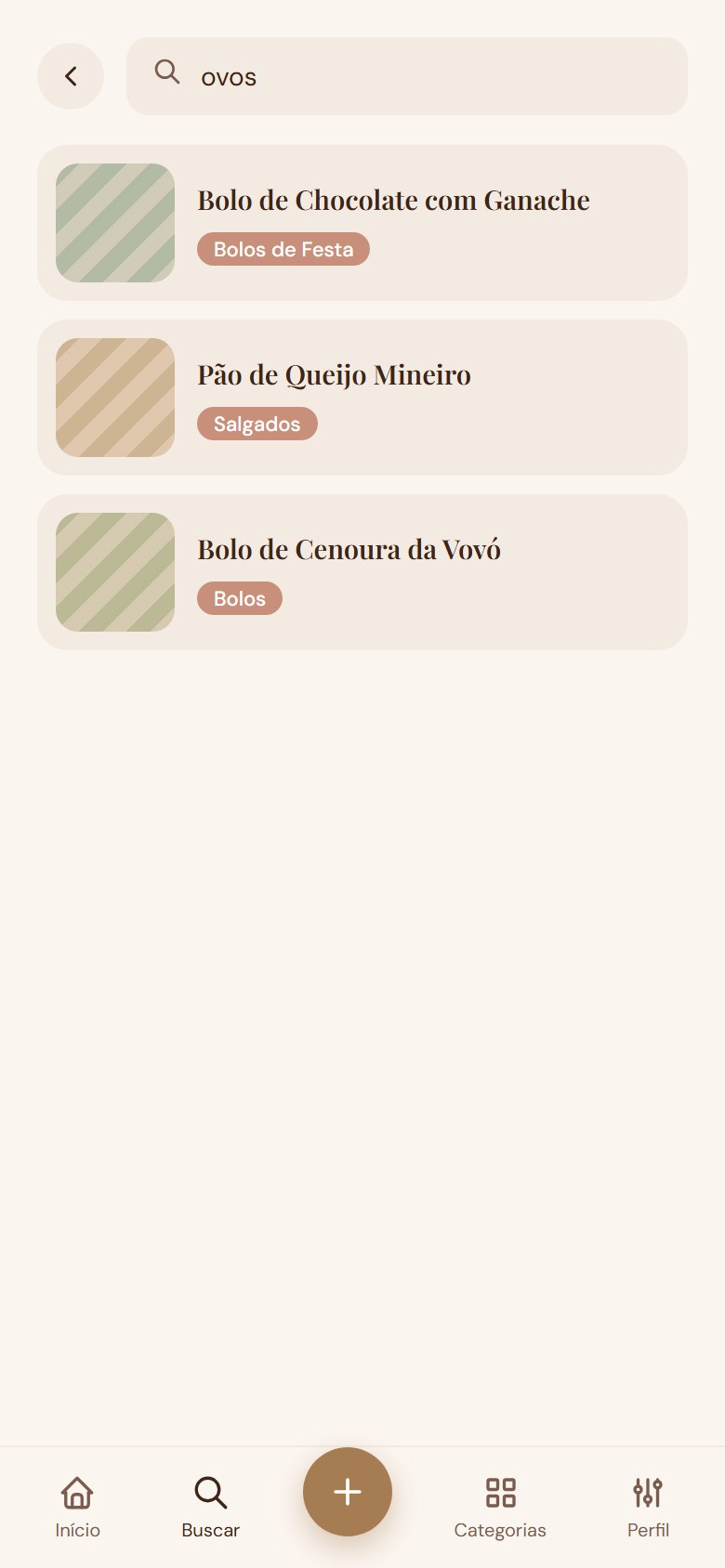 Busca do Receitas da Gi mostrando receitas que usam ovos