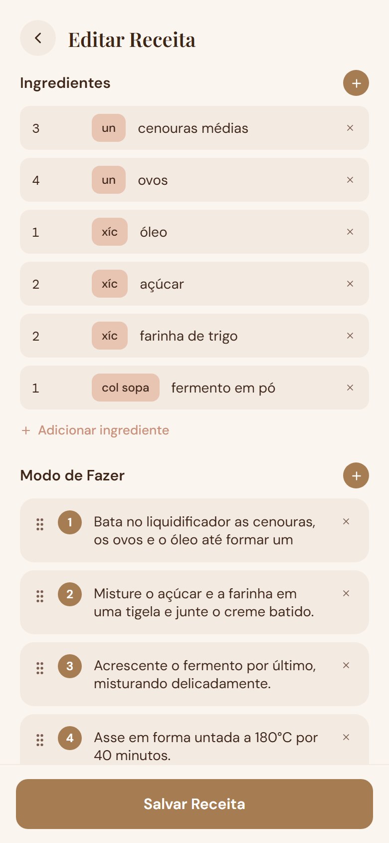 Formulário de edição de receita com ingredientes em linhas de quantidade, unidade e nome