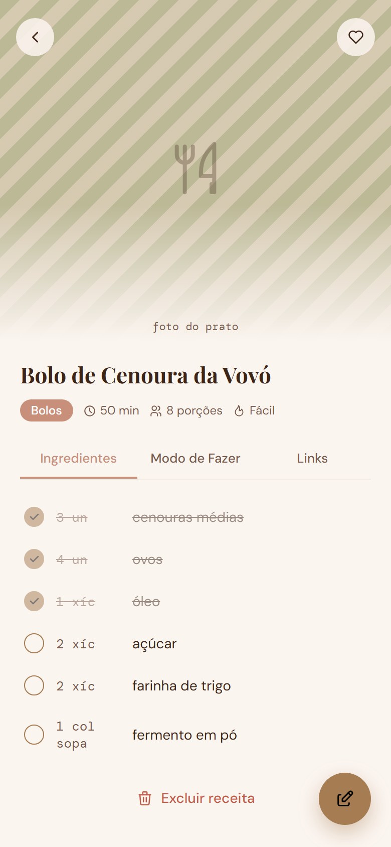 Receita de bolo com três ingredientes marcados e riscados